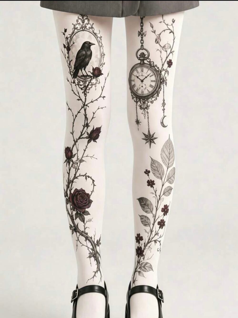 NWT White, Black & Burgundy Gothic Crow Rose Print Tights